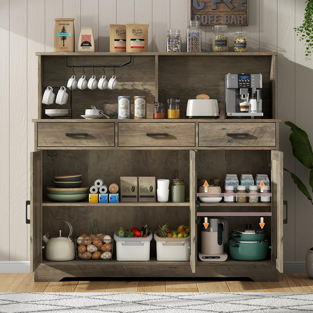 Grey Buffet Sideboard Storage Cabinet - 47" Large Double-Layer Kitchen Pantry Cabinet with 3 Drawers & 3 Doors, Modern Liquor Coffee Bar Buffet Table with Hutch for Dining Living Room