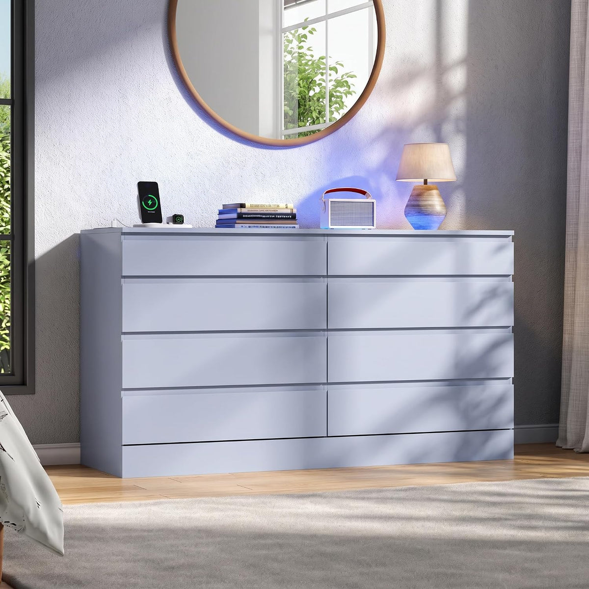 Gyfimioe 8 Drawer Dresser with Power Outlet, White Dresser for Bedroom Chest of Drawer with Glass Top & LED Light, Modern Double Wide Drawer Organizer Cabinet for Living Room (Grey)