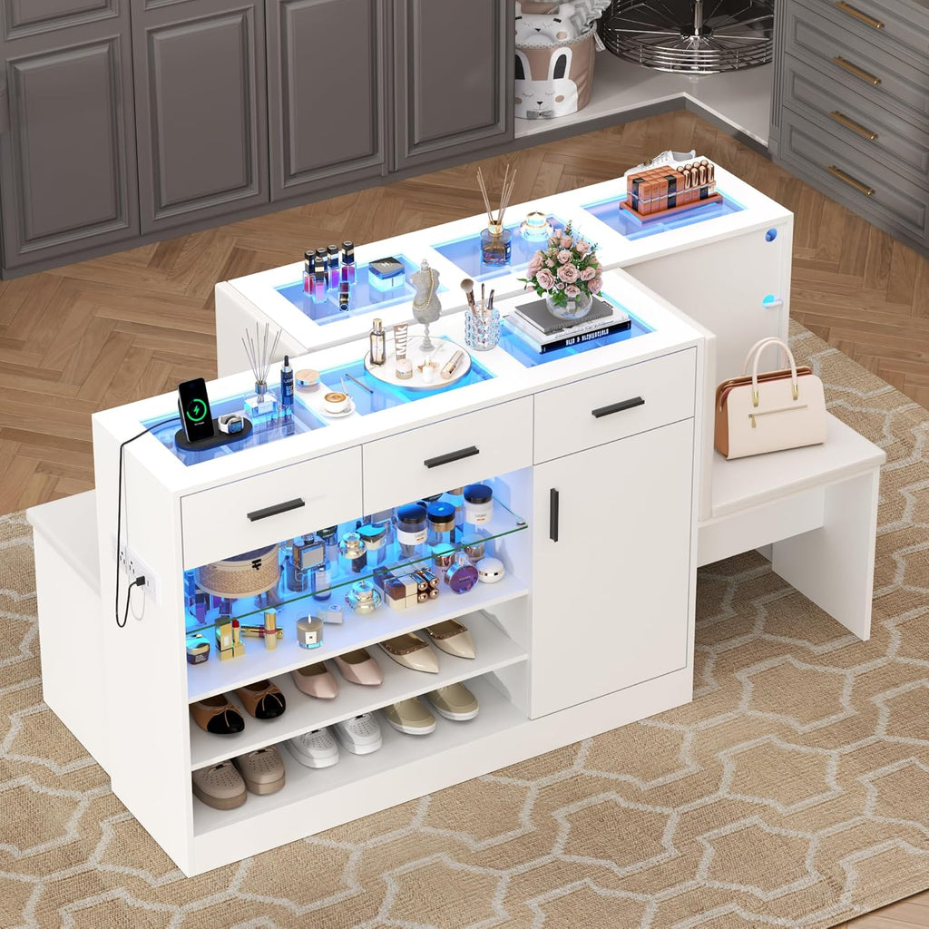 Makeup Vanity Storage Island with Charging & LED Light,Wardrobe Closet Island with Glass Tabletop and Bench, Modern Storage Display Cabinet with Drawers and Shelves for Dressing Room Cloakroom（White）