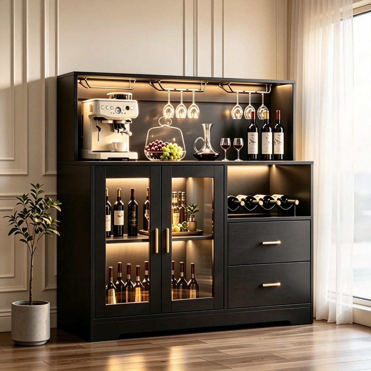 Gyfimoie Modern Bar Cabinet with LED Lights & Drawer,Coffee Bar Station
