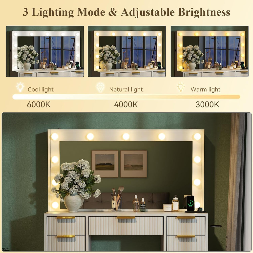 Big Fluted white Vanity Desk with 36" Mirror,11 LED Lights & Power Outlet,Large Wood Makeup Vanity Table with 2 Hidden Storage Shelf, Modern Dressing Table w/5 Drawers and 2 Cabinets for Bedroom