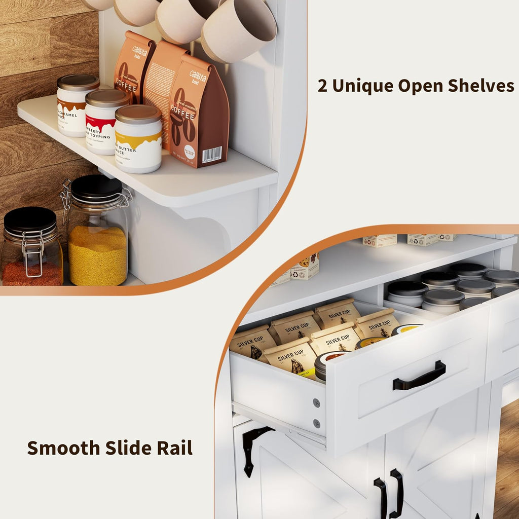 Farmhouse Coffee Bar Cabinet with Led Light - 70.8'' Tall Coffee Hutch Cabinet with Storage Drawers & Hooks, White Buffet Sideboard Cabinet with Microwave Stand, Wine Bar Cabinet for Home Pub, Kitchen