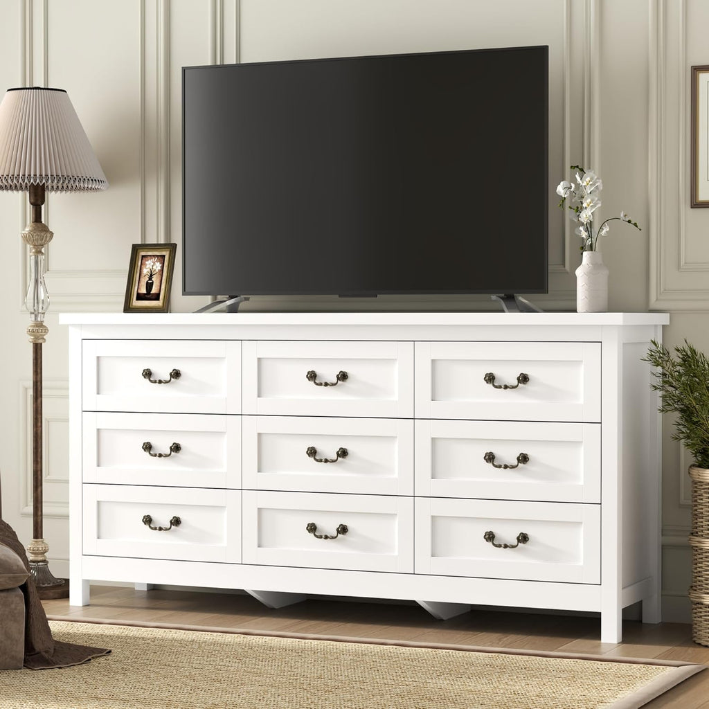 Loomie Upgraded 9-Drawer Dresser for Bedroom, 63" Wide Dresser TV Stand for TVs up to 75", Farmhouse Long Storage Wooden Dressers Organizer, Large Chest of Drawers with Vintage Pull for Closet, White