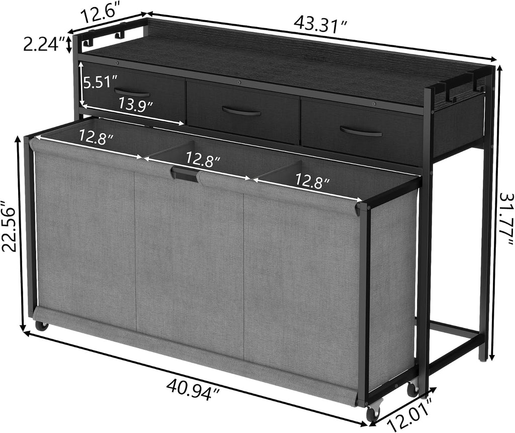 Laundry Hamper Laundry Basket with 3 Section 250L Pull-Out Rolling Bags