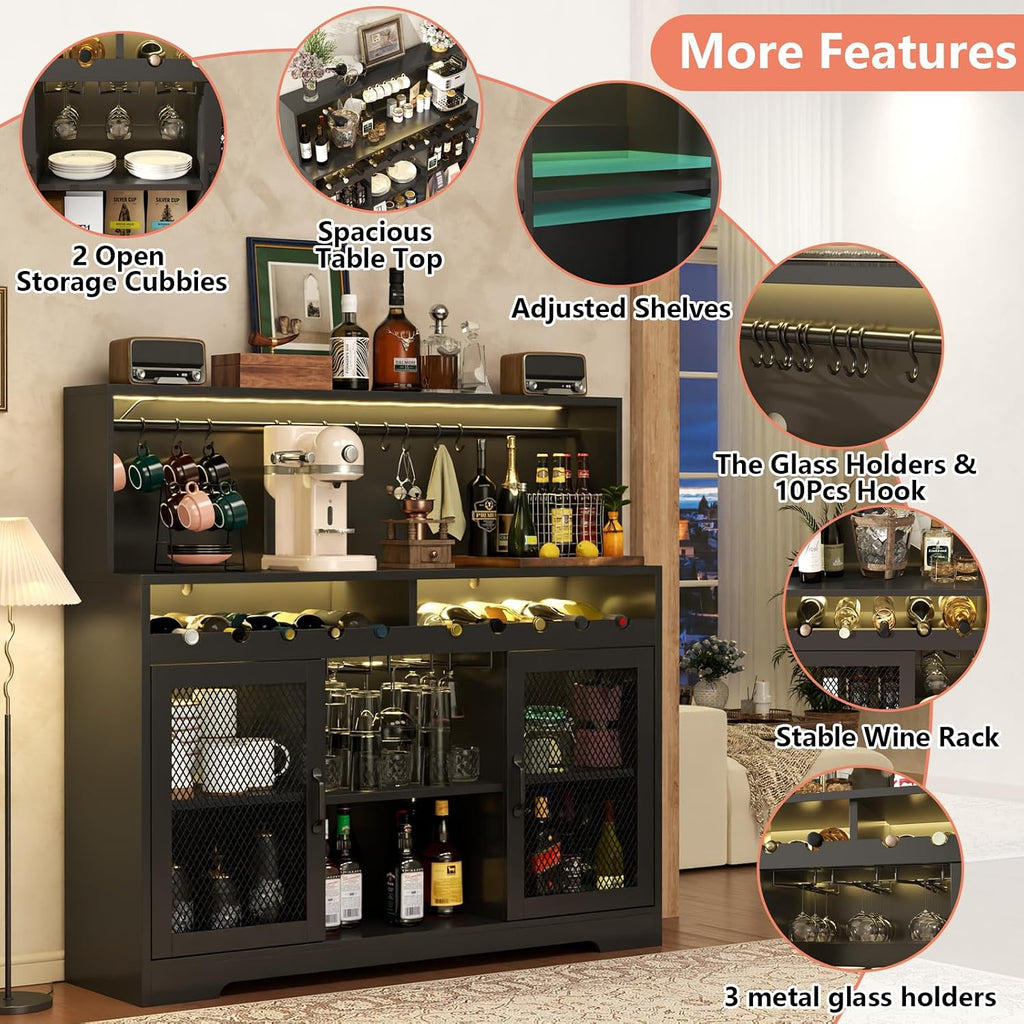 Loomie Wine Bar Cabinet with LED Light, Liquor Cabinet with Glass Holder, Coffee Bar for Liquor, Storage Buffet with Wine Racks, Wine Cabinet with Mesh Door (Black)