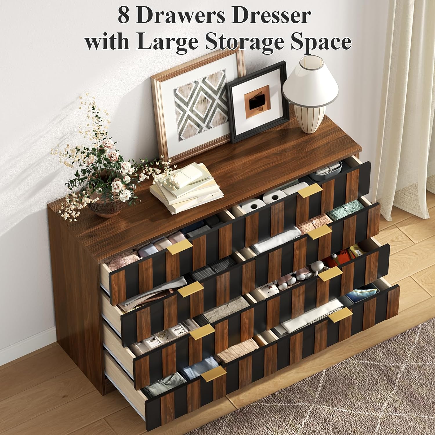Loomie 8 Drawer Dresser for Bedroom, 47" Wide Chest of Drawers with Anti-Tipping Design, Large Storage Drawers w/Metal Handles, Deep Closet Dresser for Living Room, Entryway, Black-Walnut Color