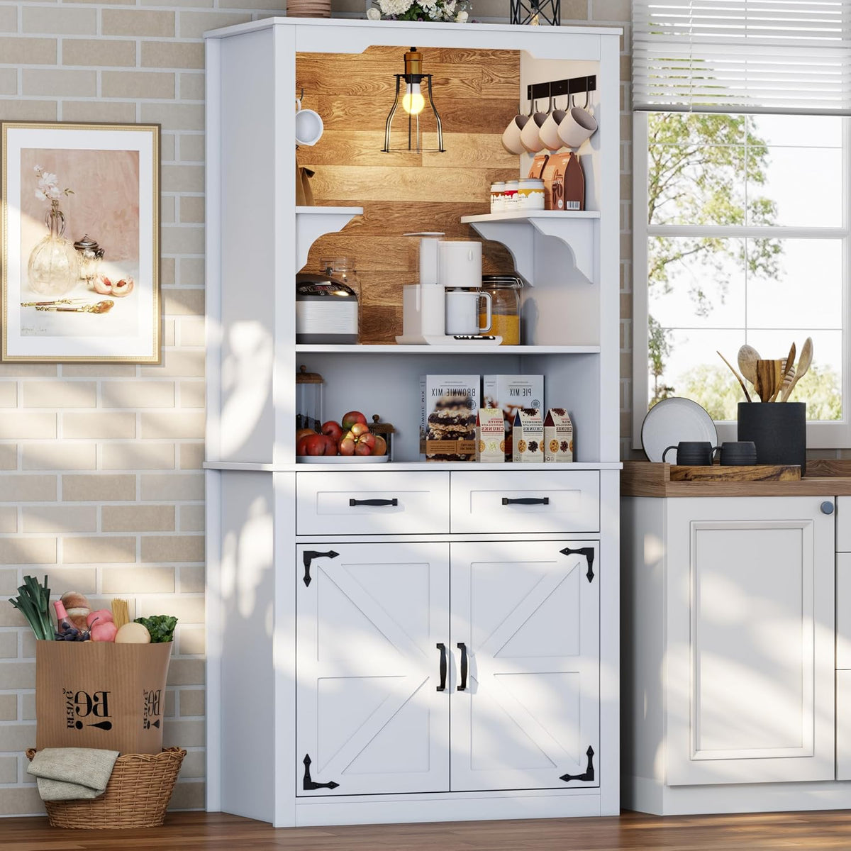 Farmhouse Coffee Bar Cabinet with Led Light - 70.8'' Tall Coffee Hutch Cabinet with Storage Drawers & Hooks, White Buffet Sideboard Cabinet with Microwave Stand, Wine Bar Cabinet for Home Pub, Kitchen