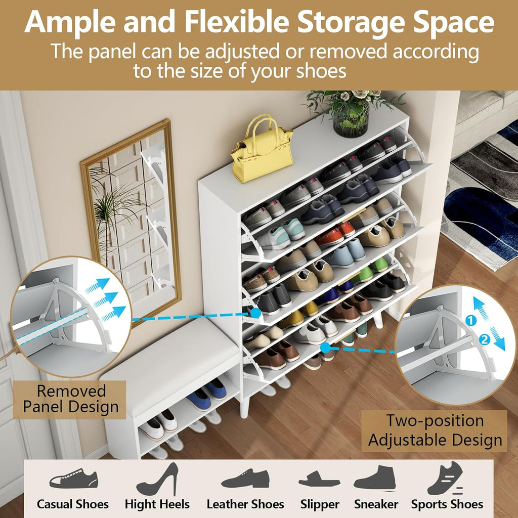 Loomie Shoe Cabinet w/3 Flip Drawers, Shoe Storage Cabinet w/Bench for Entryway, Freestanding Narrow Hidden Shoe Rack Organizer with Open Shelf & Solid Wood Legs for Hallway,Living Room,Closet,White
