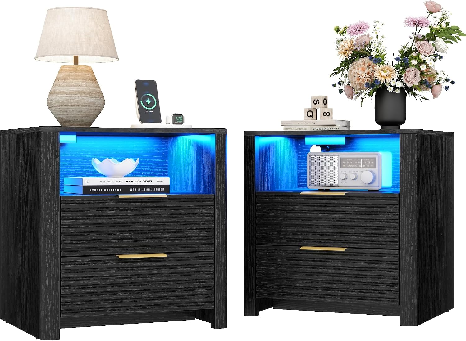 Night Stand with Charge Station Set of 2, Black Nightstand with Led Light, Modern Bedside Table with 2 Drawers and Open Storage Shelf, Fluted End Table for Bedroom, Living Room, Office (2, Black)