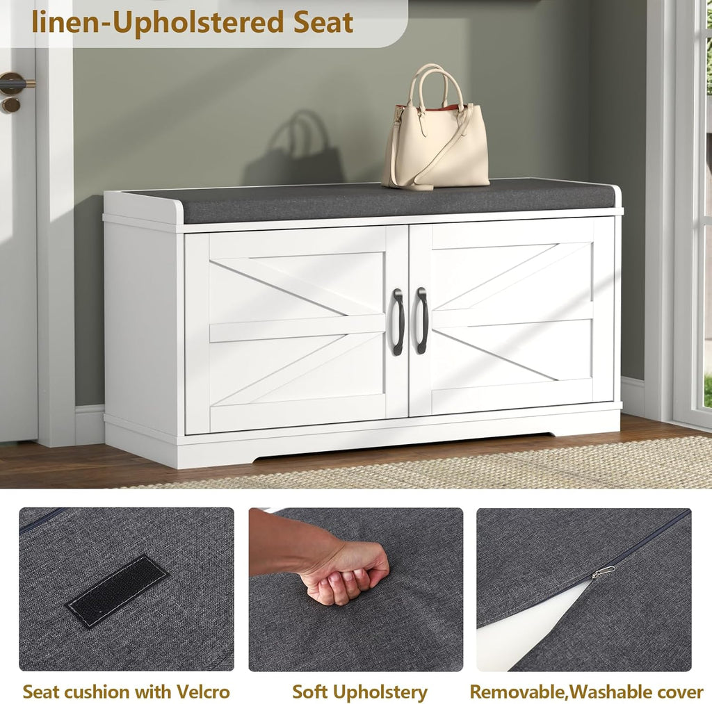 Loomie Shoe Storage Bench, 2-Tier Farmhouse Entryway Bench with Padded Seat Cushion, 13.78" D x 39.37" W x 19.69" H, Slim Shoe Cabinet Bench for Entryway, Living Room, Bedroom (White)