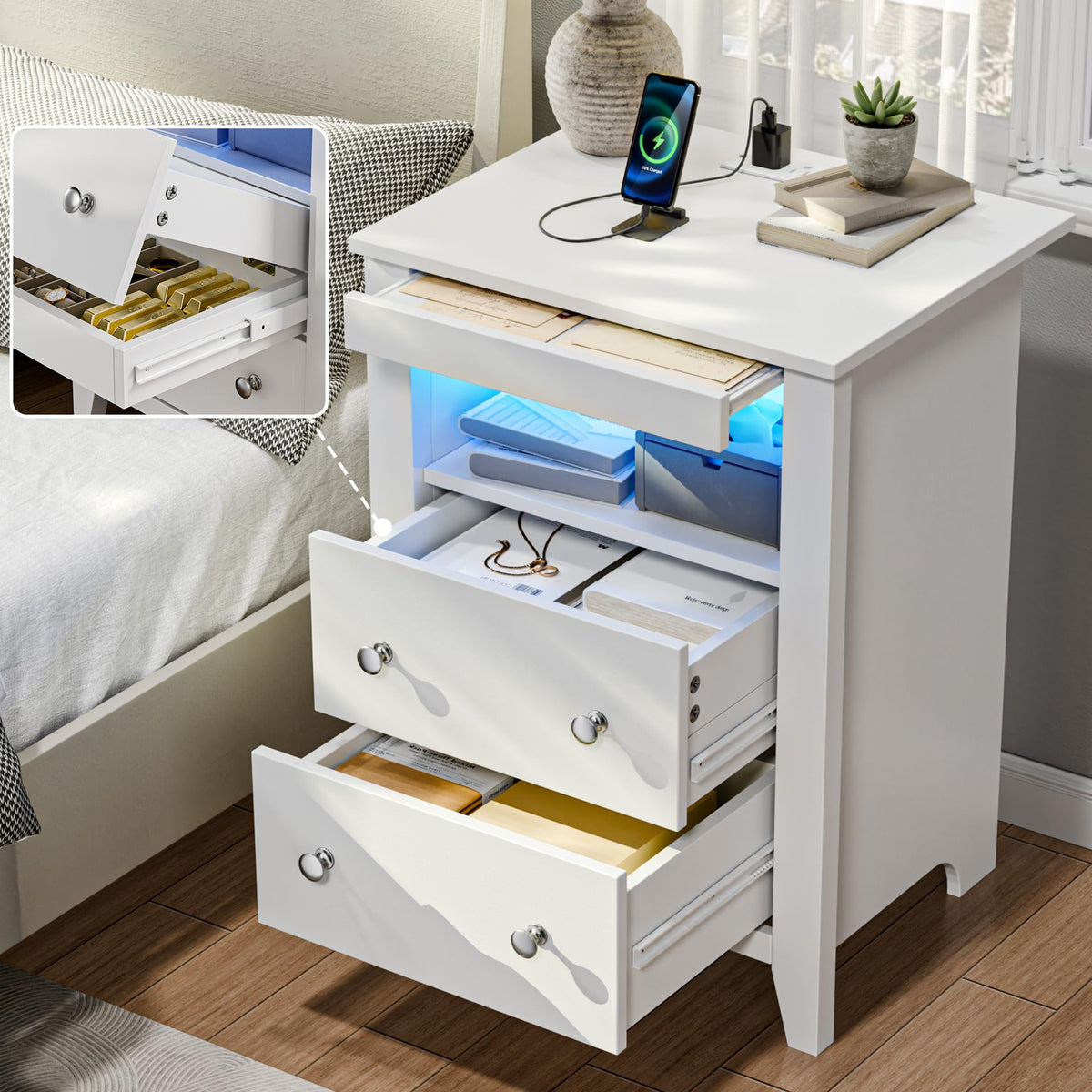 Nightstand w/Gun Drawer, Black Night Stand w/Charging Station & LED Lights