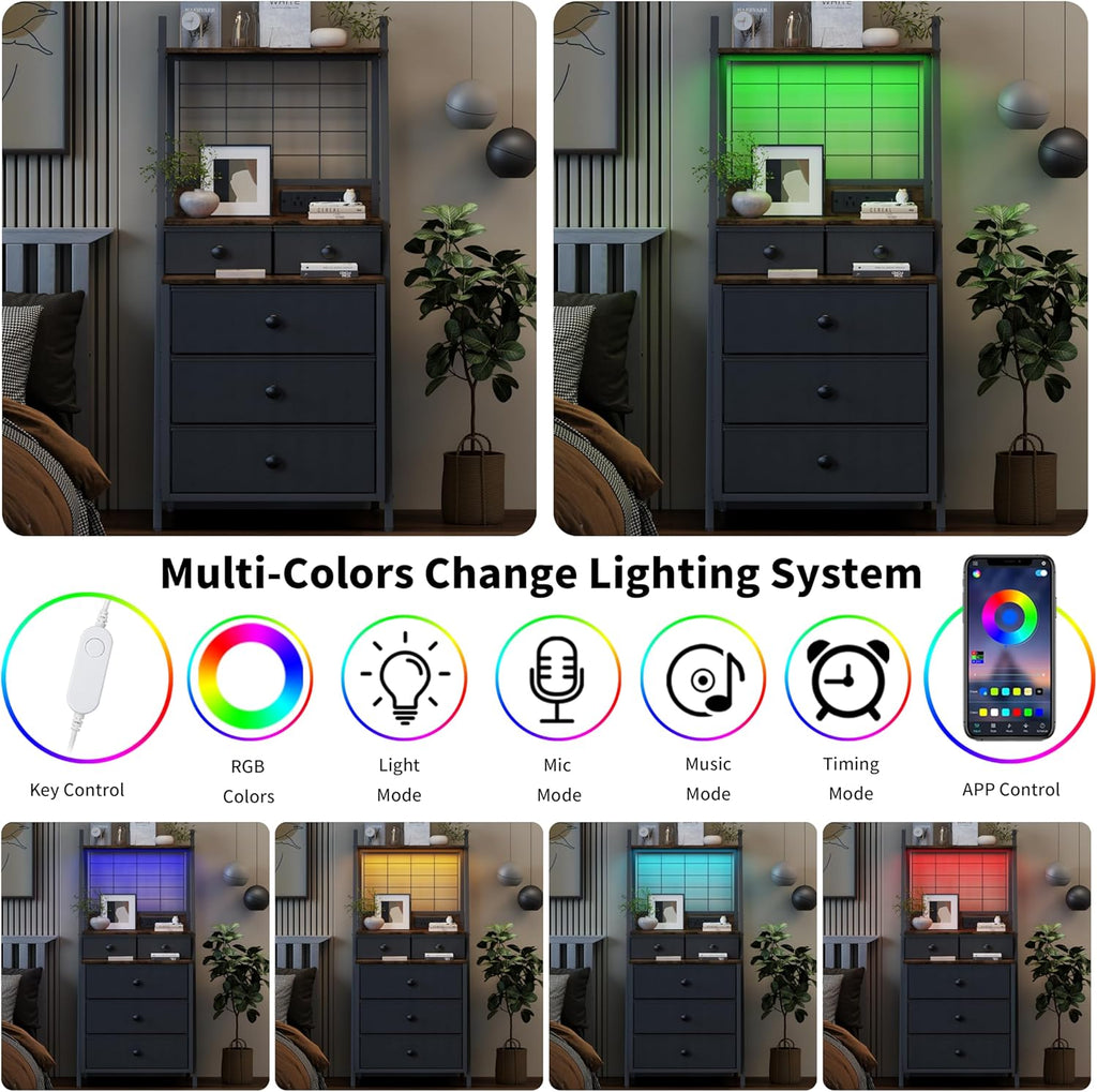 Gyfimoie Tall Night Stand with Charging Station, Black Nightstand with 5 Drawers LED Night Stand with 3-Tier Storage Shelf for Bedroom Living Room & Dorm (1, Black)
