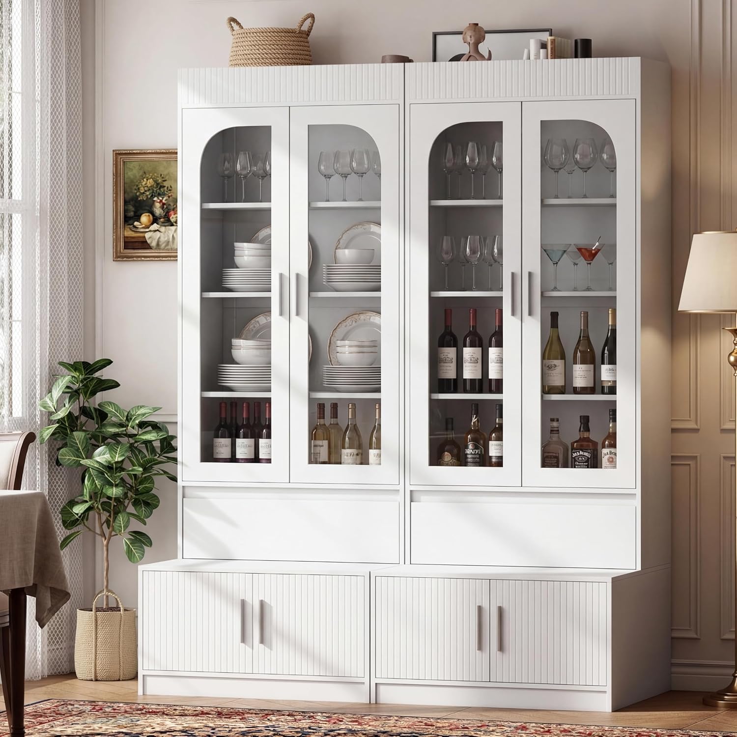 Fluted 4-Tier Bookcase with Seating, Glass Doors & Top Storage Shelf, 78.7" Tall Bookshelf with Drawer & Bottom Cabinet, Modern Display Cabinet Book Shelf for Living Room, Study & Home Office (White)