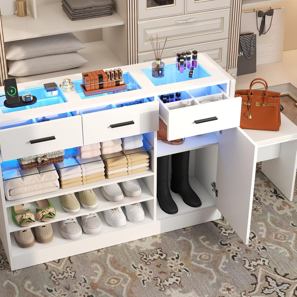 Makeup Vanity Storage Island with Charging & LED Light,Wardrobe Closet Island with Glass Tabletop and Bench, Modern Storage Display Cabinet with Drawers and Shelves for Dressing Room Cloakroom（White）