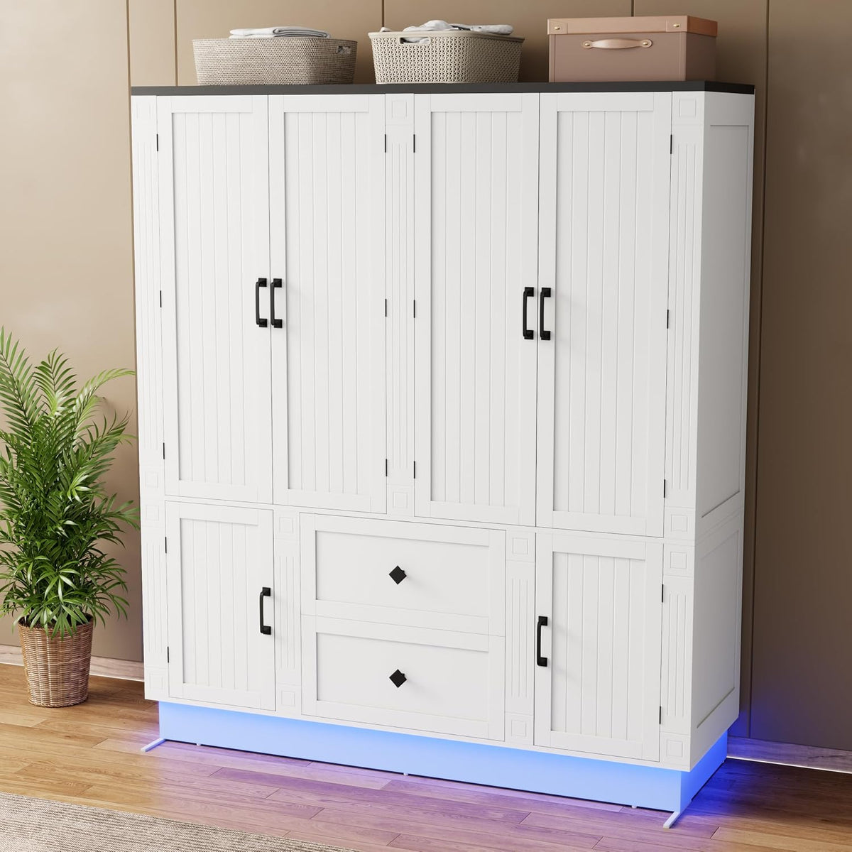 Loomie 71" H White Wooden Armoire Wardrobe Closet with 6 Doors, LED lisght