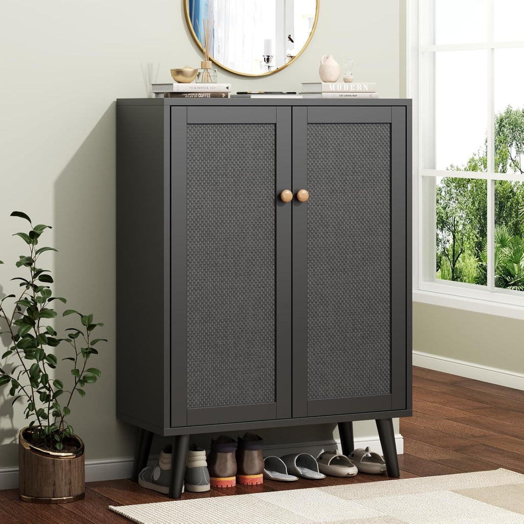 Loomie Rattan Shoe Cabinet, 6-Tiers Shoe Storage Cabinet for Entryway Hallway, 2 Door Accent Cabinet with Adjustable Shelves, 44" H Tall Sideboard Storage Cabinet Closet Living Room (Black)