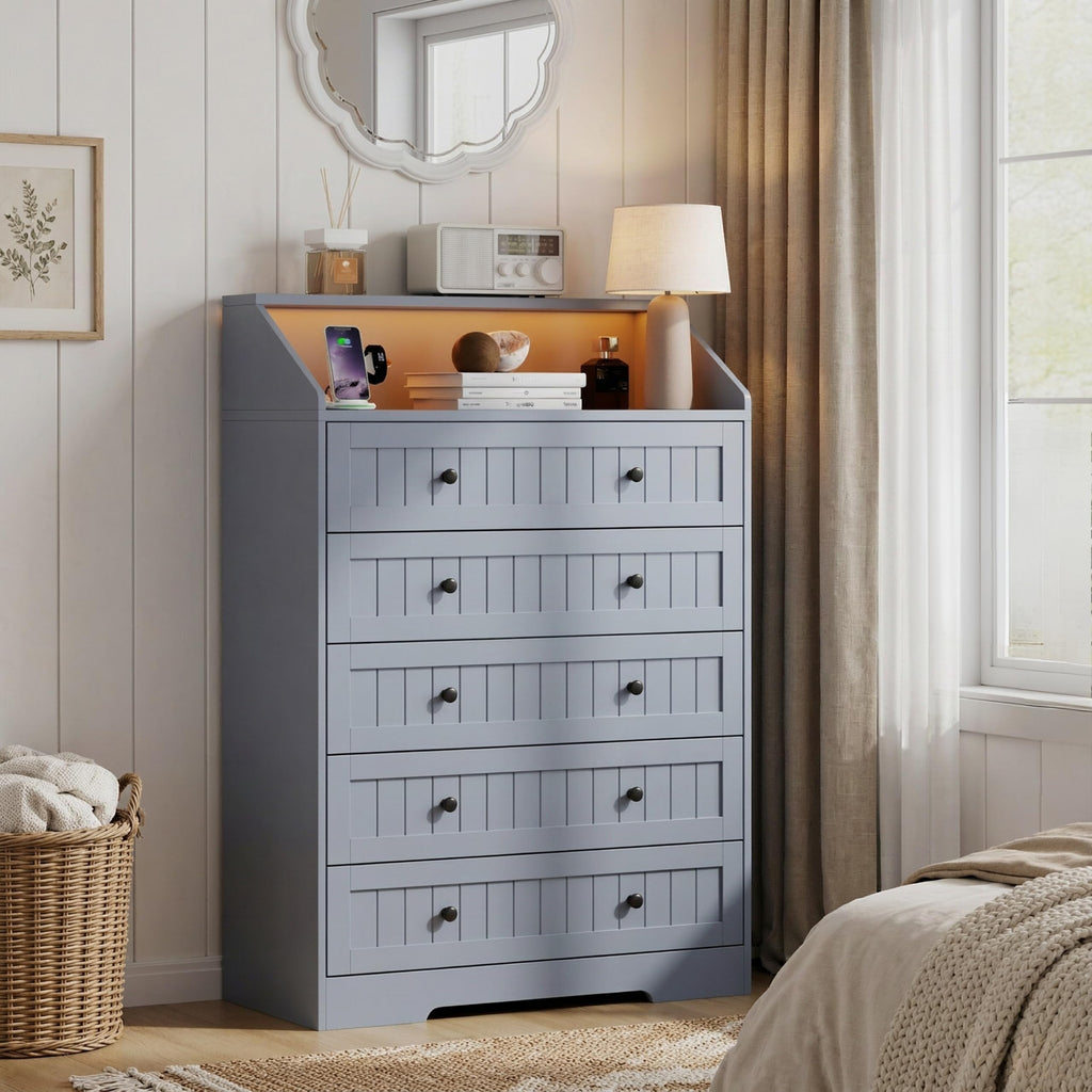 Black 5 Drawer Dresser for Bedroom, Chest of Drawers with Outlet & LED