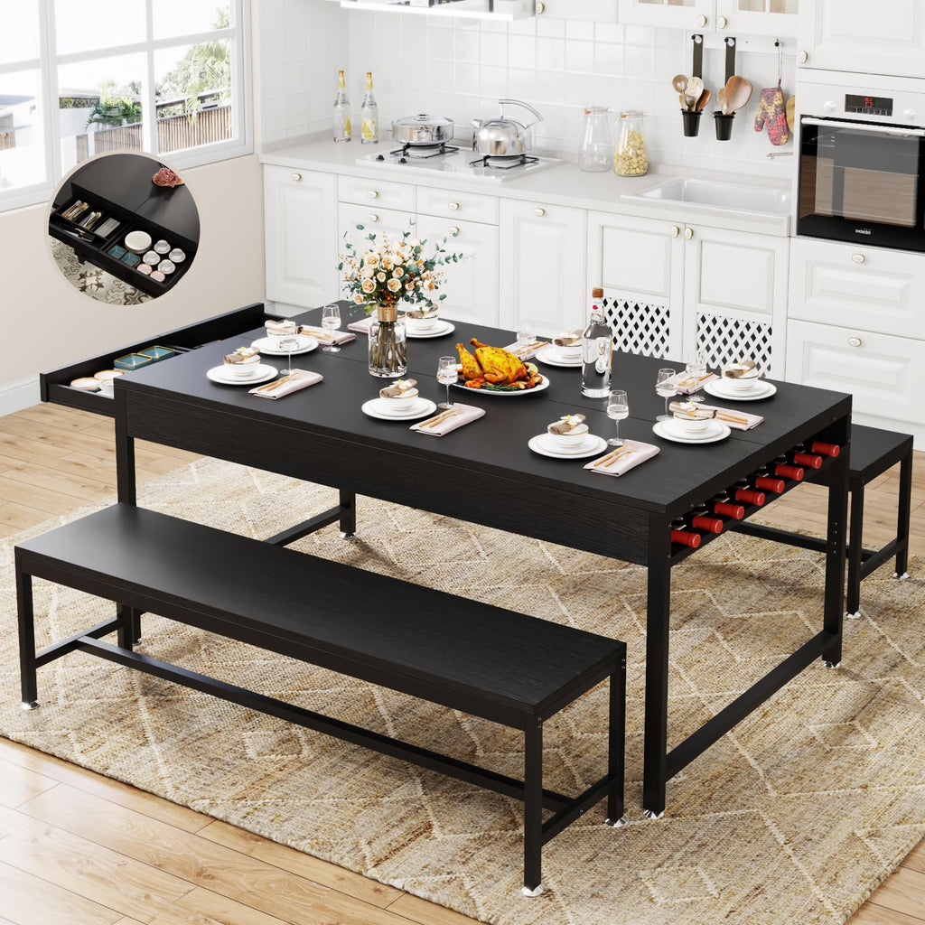 Loomie 63" Dining Table Set for 4-6, 3-Piece Kitchen Table with 2 Utensil Drawers, 2 Benches & Wine Rack, Modern Space Saving & Heavy Duty Dinner Table Set with Metal Frame & MDF Board,Rustic Brown
