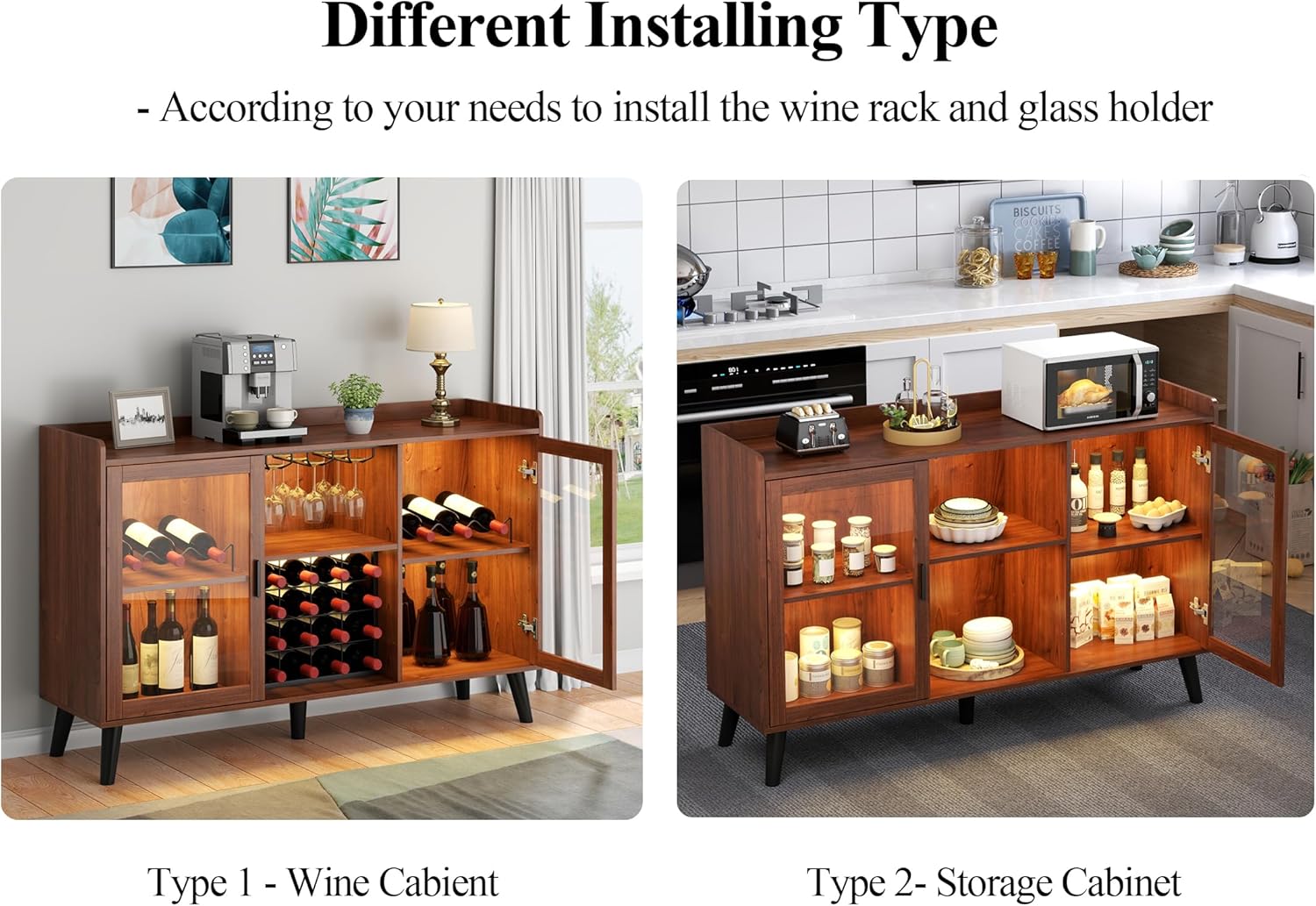 Loomie Wine Bar Cabinet with LED Light, Home Coffee Cabinet with Wine Rack and Glass Holder, Kitchen Buffet Sideboard W Storage Shelf, Freestanding Liquor Cabinet for Living Room, Dining Room (Walnut)