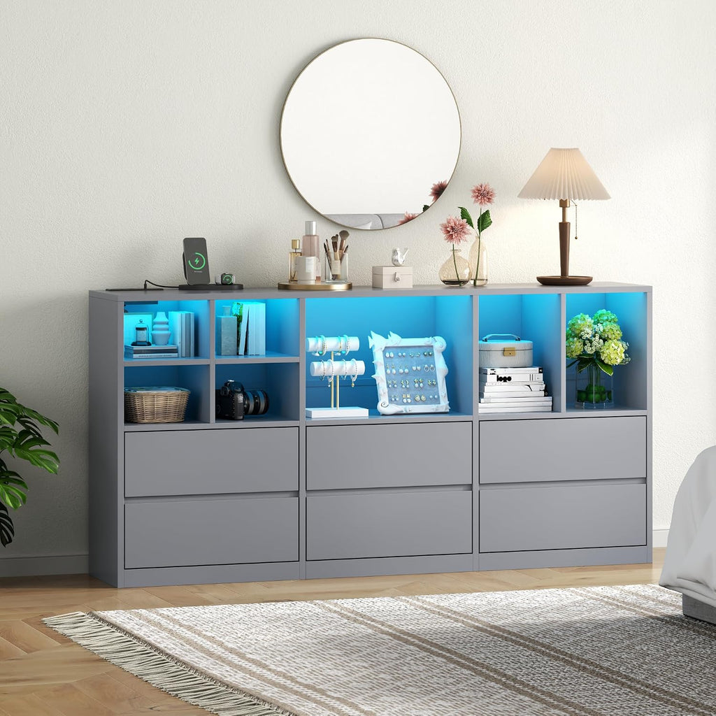 Grey Dresser for Bedroom, 63” Chest of Drawers with Charging Station