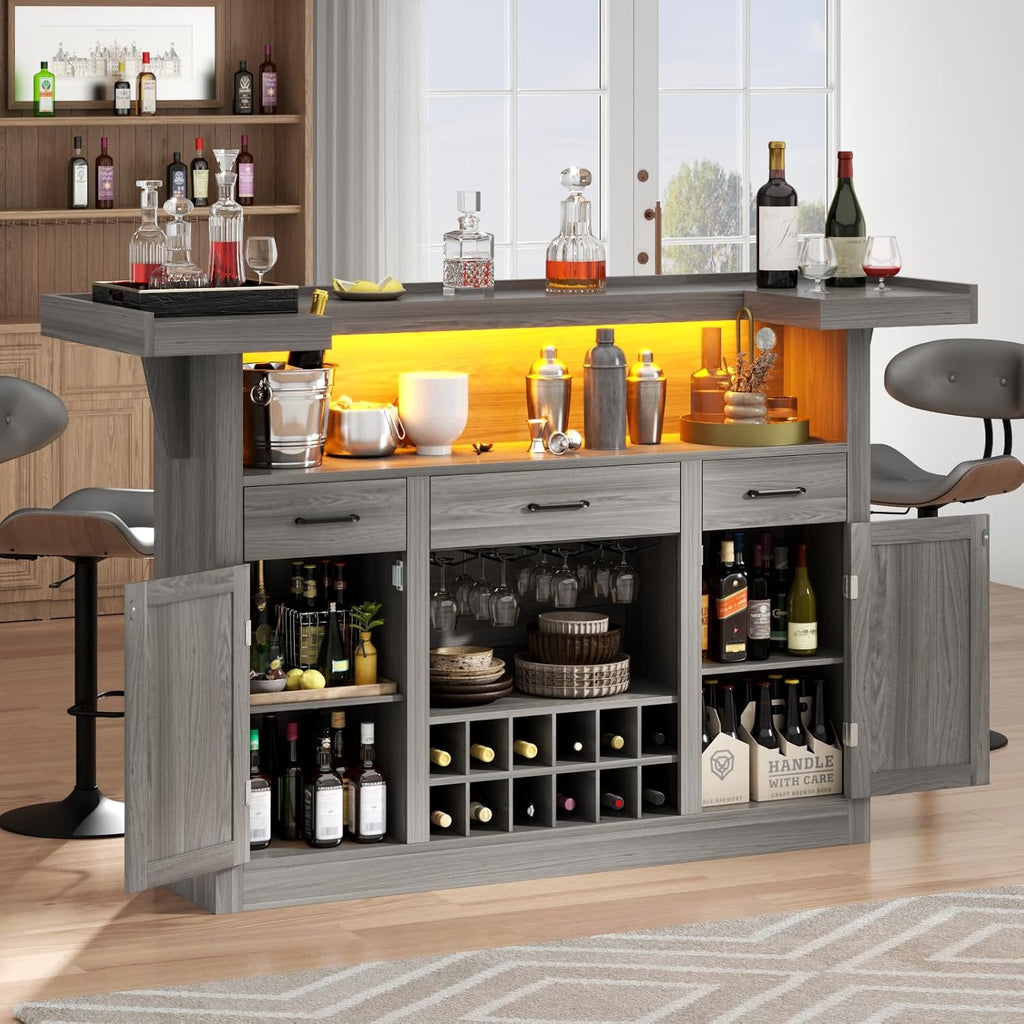 Loomie Bar Table Cabinet with LED & 3 Drawers,Liquor Bar with Adjustable Storage Shelves & Stemware Holders,Crescent Shaped Counter for Home Pub,Wine Alcohol Bar Stand with Wine Rack & Door (Grey Oak)