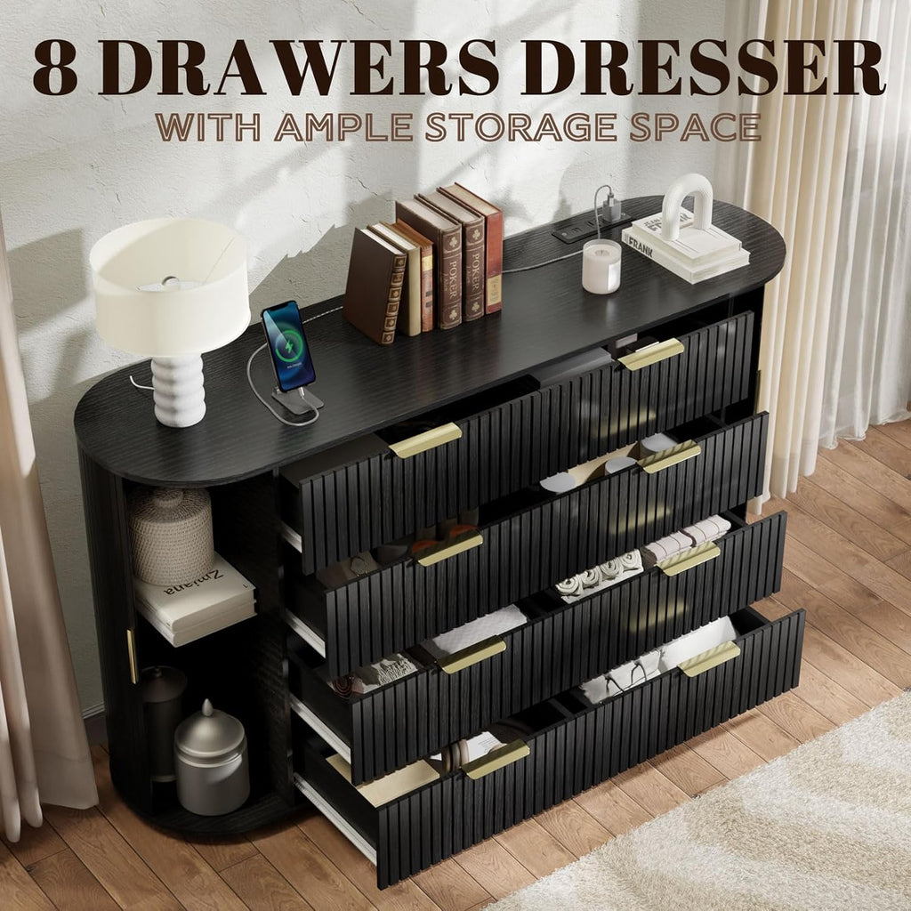 Loomie Fluted 8 Drawers Dresser for Bedroom, 55.12" Wide Dressers & Chest of Drawers w/2 Sliding Doors & Charging Station,Curved Profile Design,Wooden Closet Storage Cabinet,Modern Dresser TV Stand