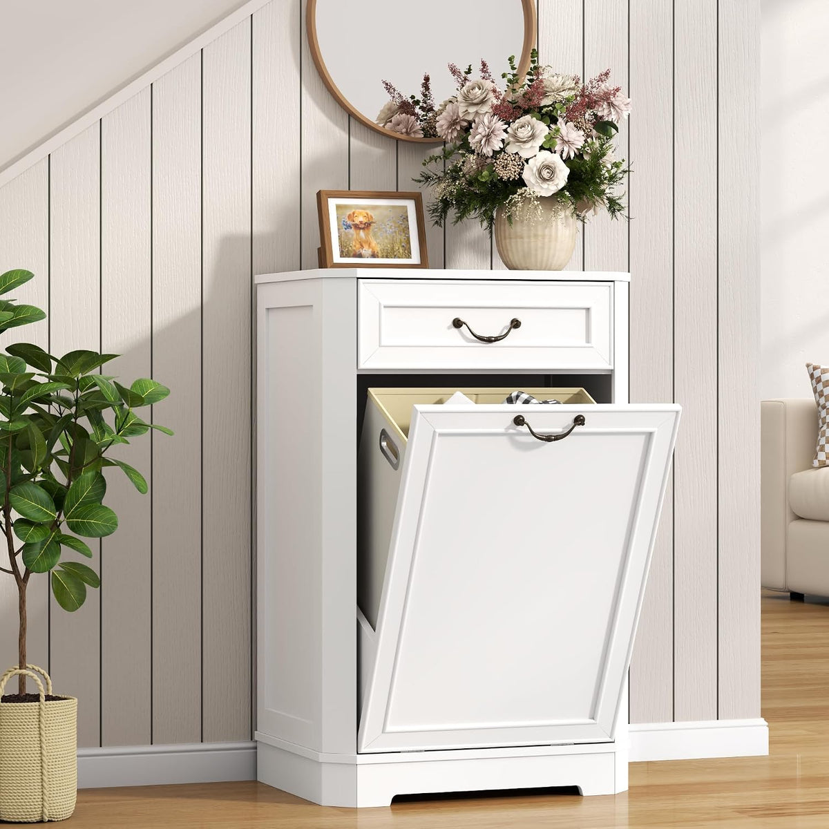 Tilt Out Laundry Hamper Cabinet, Hidden Laundry Cabinets w/Drawer & Basket