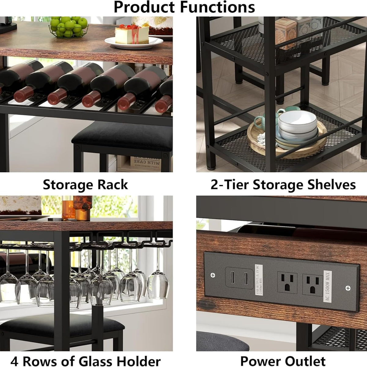 36"W Bar Table and Chairs Set of 2 with Power Outlet & 2 Shelves (Walnut)
