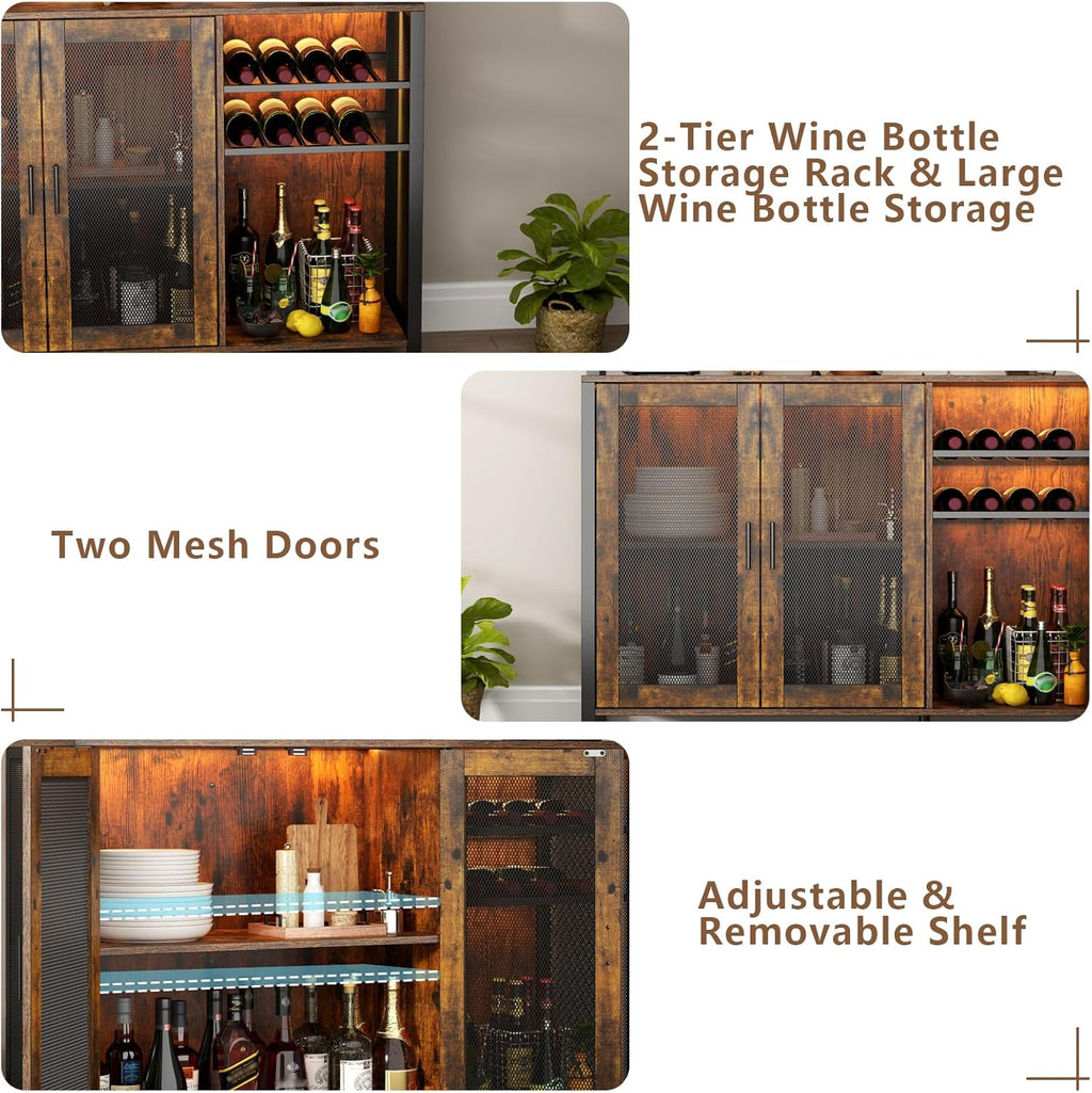 Loomie Wine Bar Cabinet with LED Light, Industrial Coffee Bar with Wine Rack & Glass Holder & 3 Compartments, Kitchen Buffet Sideboard with Storage, Liquor Cabinet, Rustic Brown
