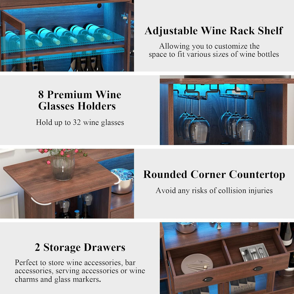Loomie Bar Table Cabinet with LED &amp; Drawer,Mini Liquor Bar with 8-Tier Storage&amp;Stemware Holder