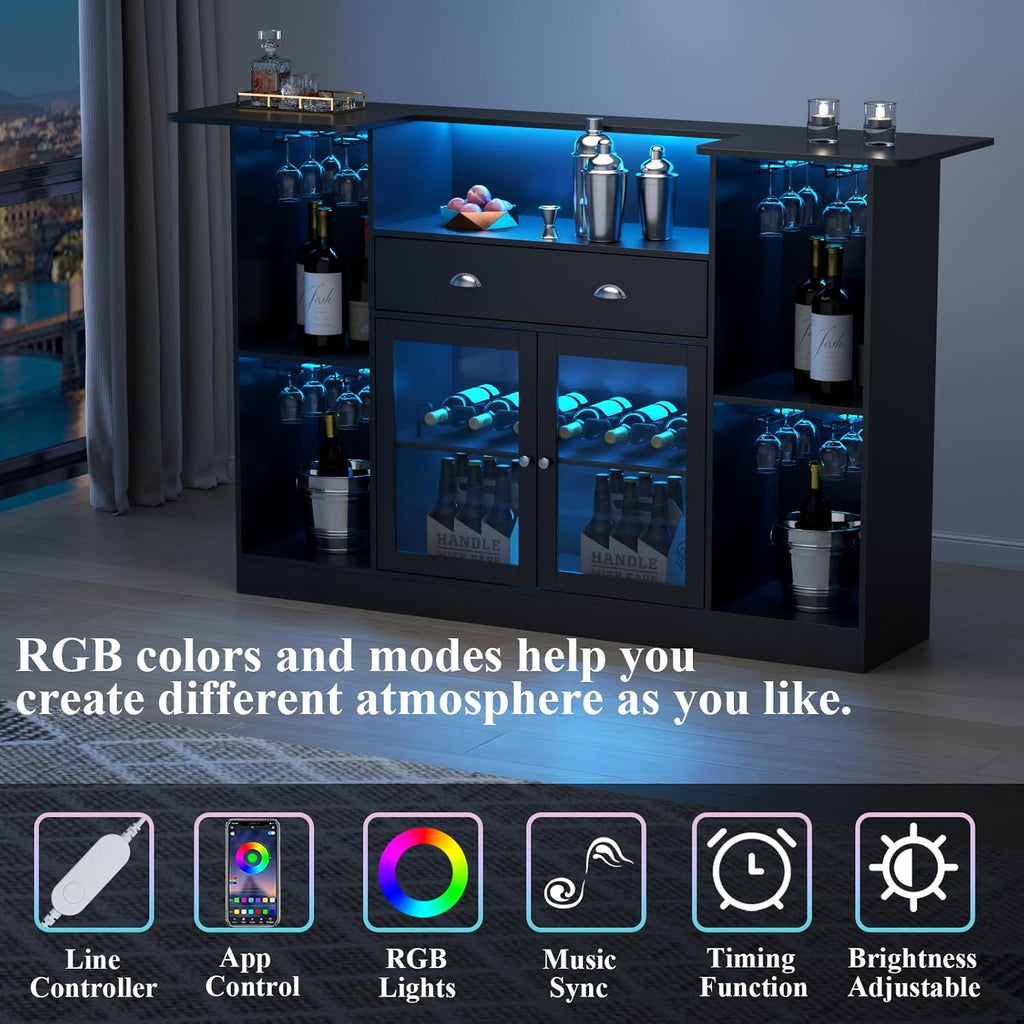 Loomie Bar Table Cabinet with LED &amp; Drawer,Mini Liquor Bar with 8-Tier Storage&amp;Stemware Holder