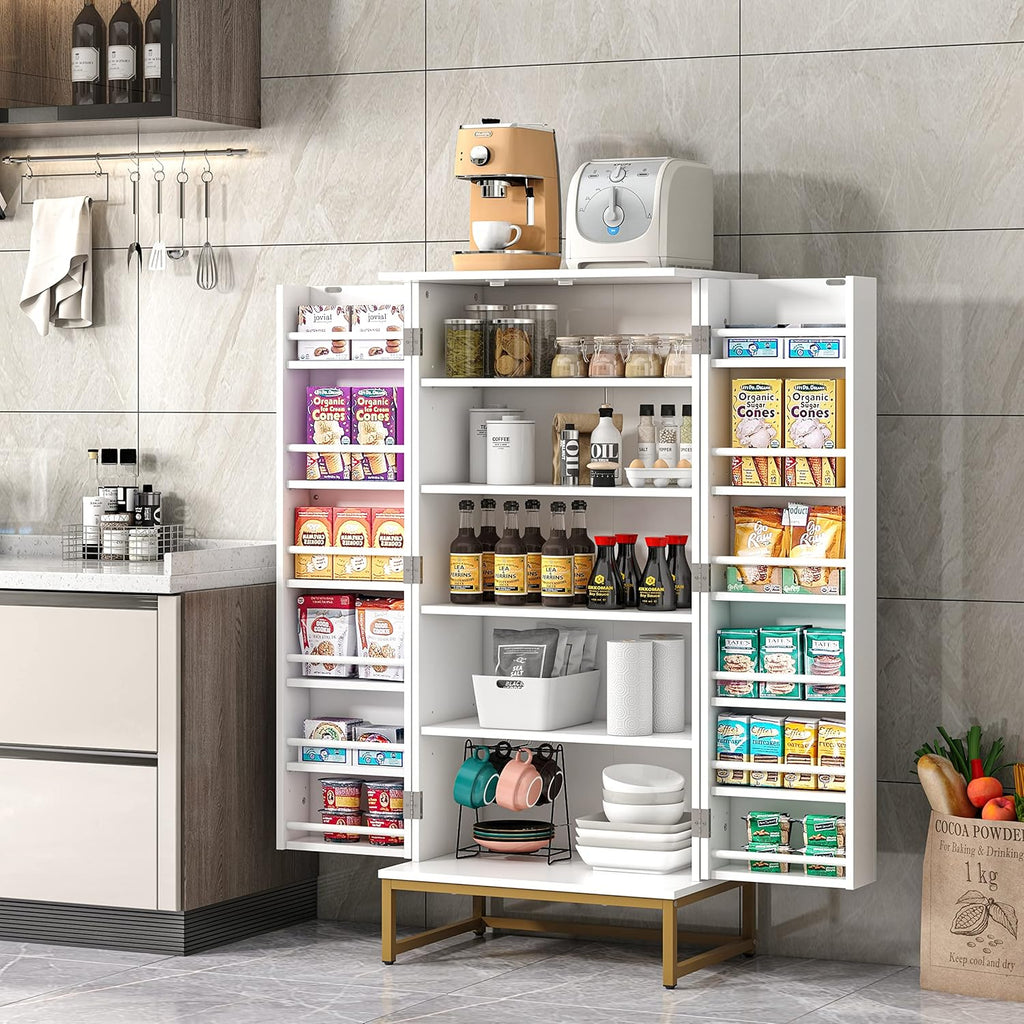 Jehiatek 51” Kitchen Pantry Storage Cabinet with Doors and Adjustable Shelves, Freestanding Pantry Cabinets, Buffet Cupboards Storage Cabinet for Home Office Use, White + Gold