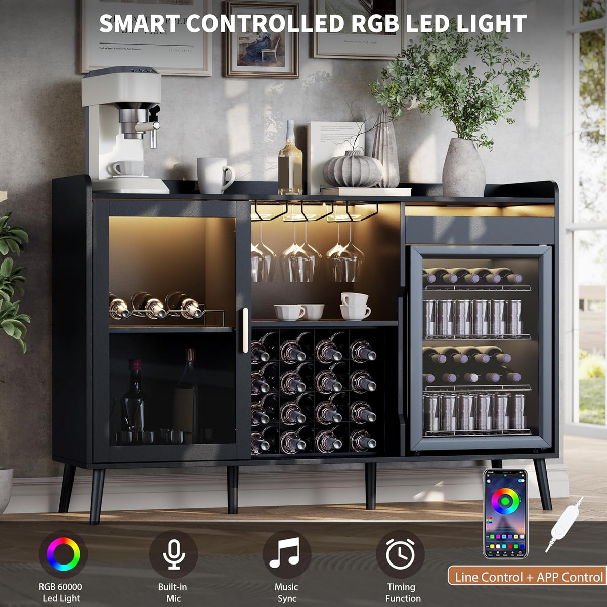 Coffee Bar Cabinet with Open Compartment, Kitchen Coffee Station with Power Outlets & LED Light, Modern Coffee Bar Table with Storage Cabinet, Coffee Bar Furniture for Kitchen, Living Room, Black