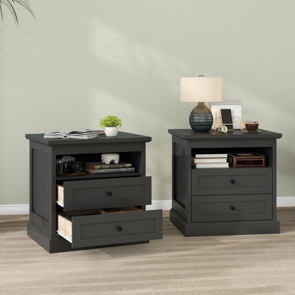 Gyfimoie Nightstand with Hidden Storage Space, Night Stand, End Table with Side Drawer, Bedside Table with Open Shelf, 2 Drawers Dresser for Bedroom, Living Room, Closet (Black)