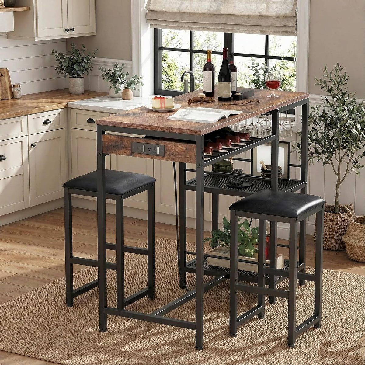 36"W Bar Table and Chairs Set of 2 with Power Outlet & 2 Shelves (Walnut)