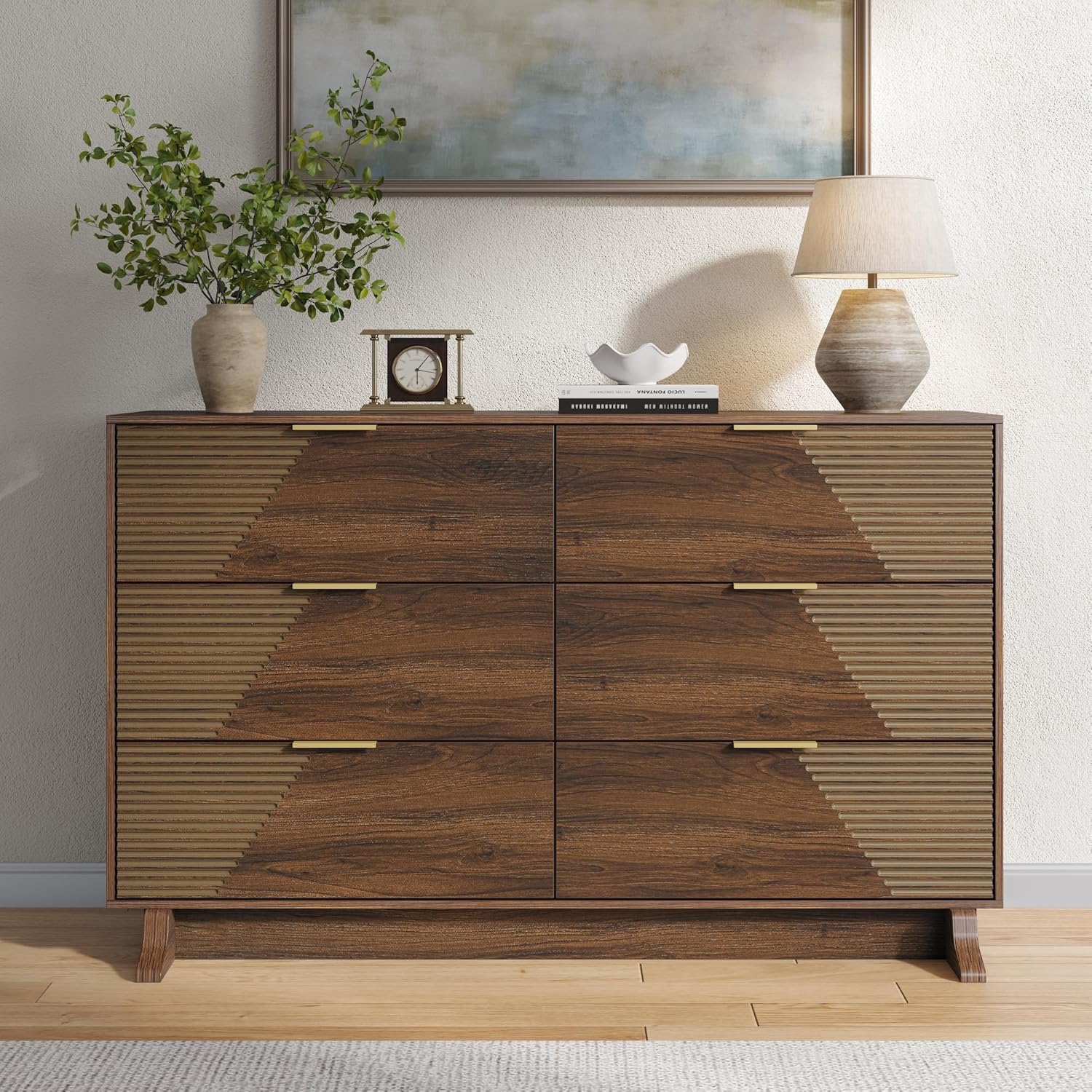 Gyfimoie Dresser for Bedroom, Mid-Century Modern Walnut Chest of 6 Drawers with Asymmetrical Fluted Front, Sturdy Wood Storage Organizer with Anti-Sag Drawer Support & Metal Handles, 47" Wide (Walnut)