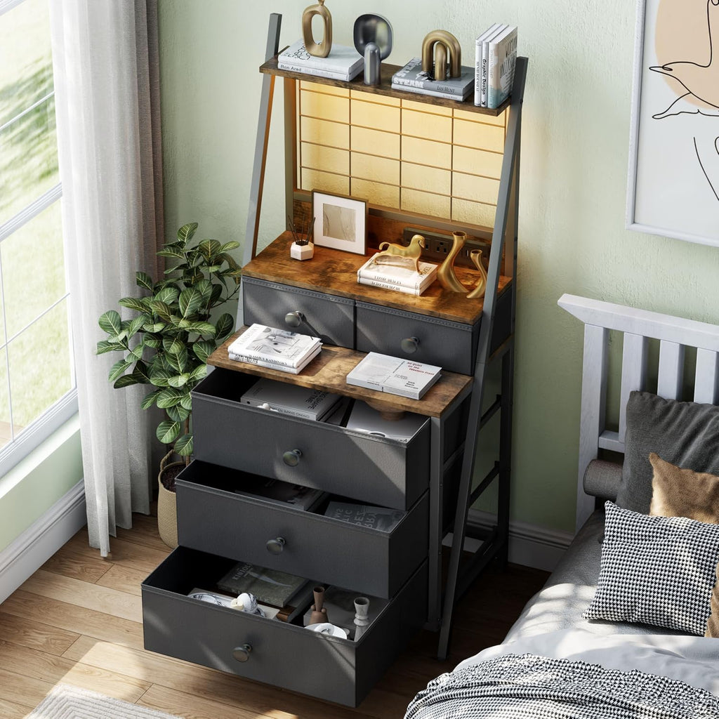 Gyfimoie Tall Night Stand with Charging Station, Black Nightstand with 5 Drawers LED Night Stand with 3-Tier Storage Shelf for Bedroom Living Room & Dorm (1, Black)