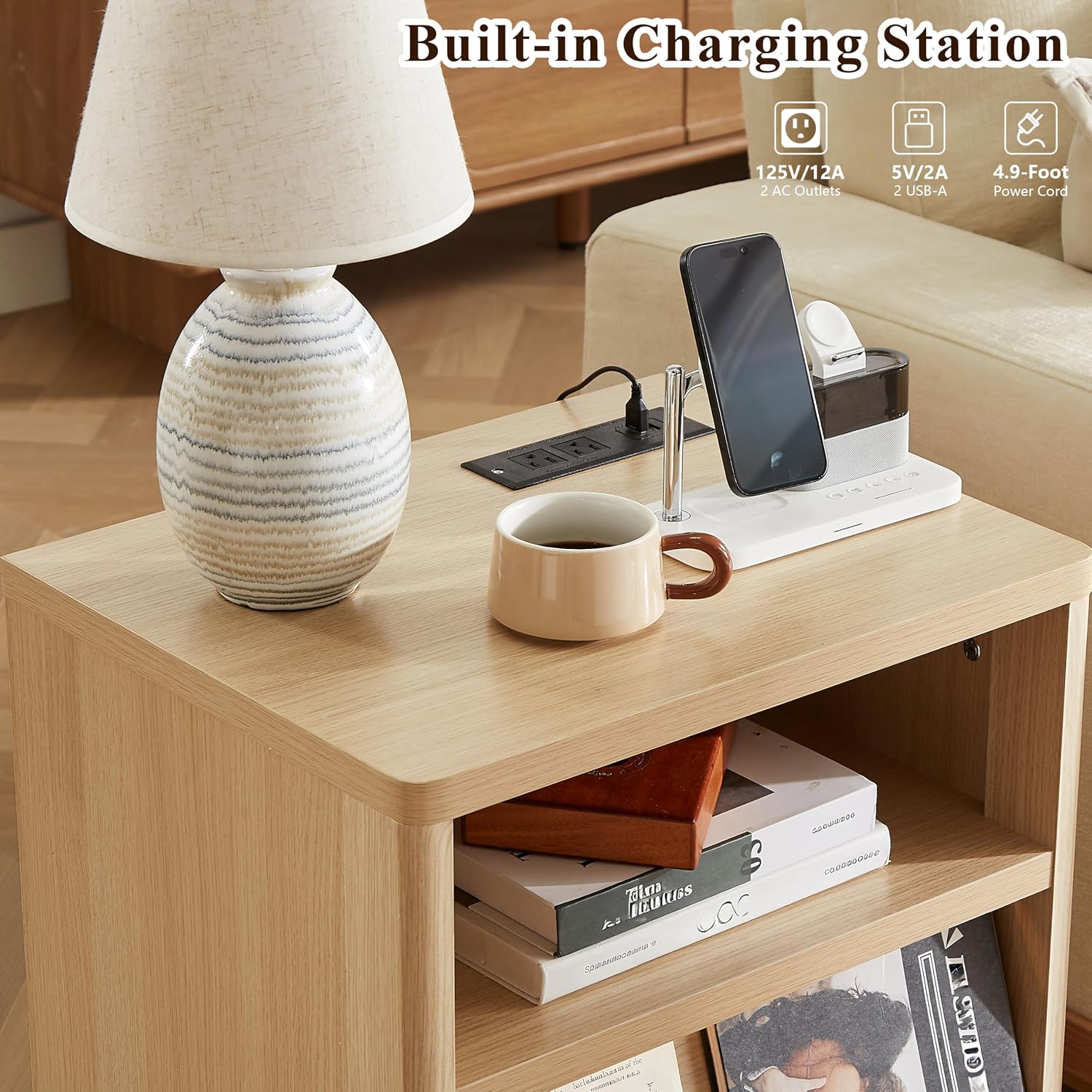 Gyfimoie Nightstand with Charging Station, End Table wiht LED Lights, Bedside Table with 2 Drawer, Night Stand with Open Shelf, Bedside Table for Bedroom