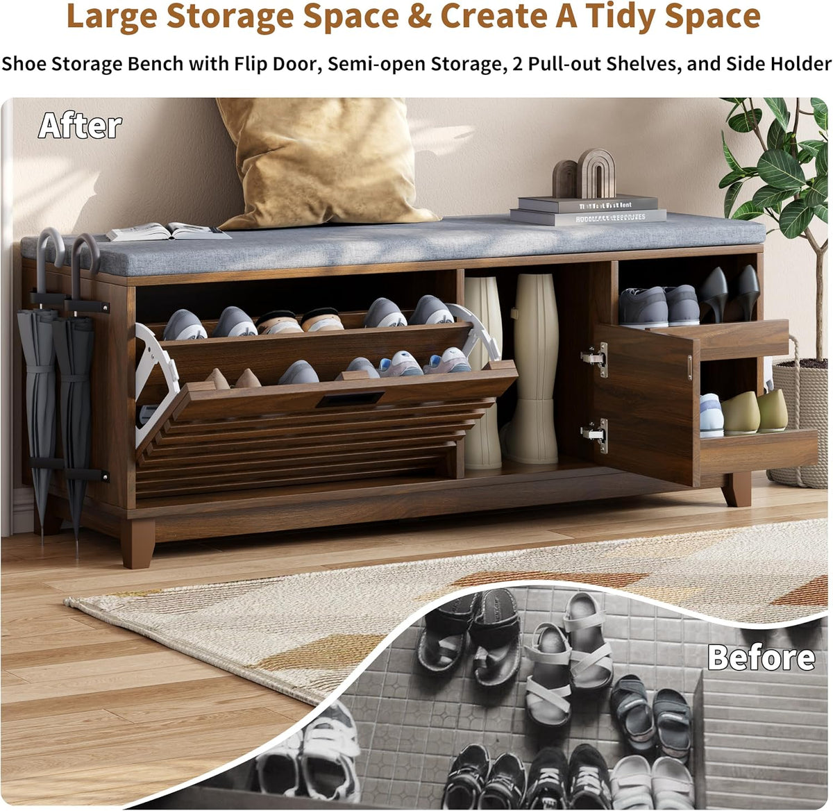 Loomie 47.2" Shoe Storage Bench with Flip Drawer, 2-Tier Entryway Bench