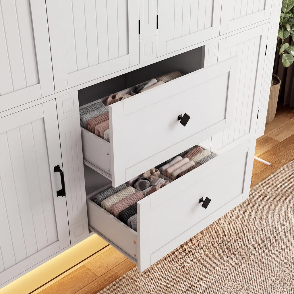 Loomie 71" H White Wooden Armoire Wardrobe Closet with 6 Doors, LED lisght