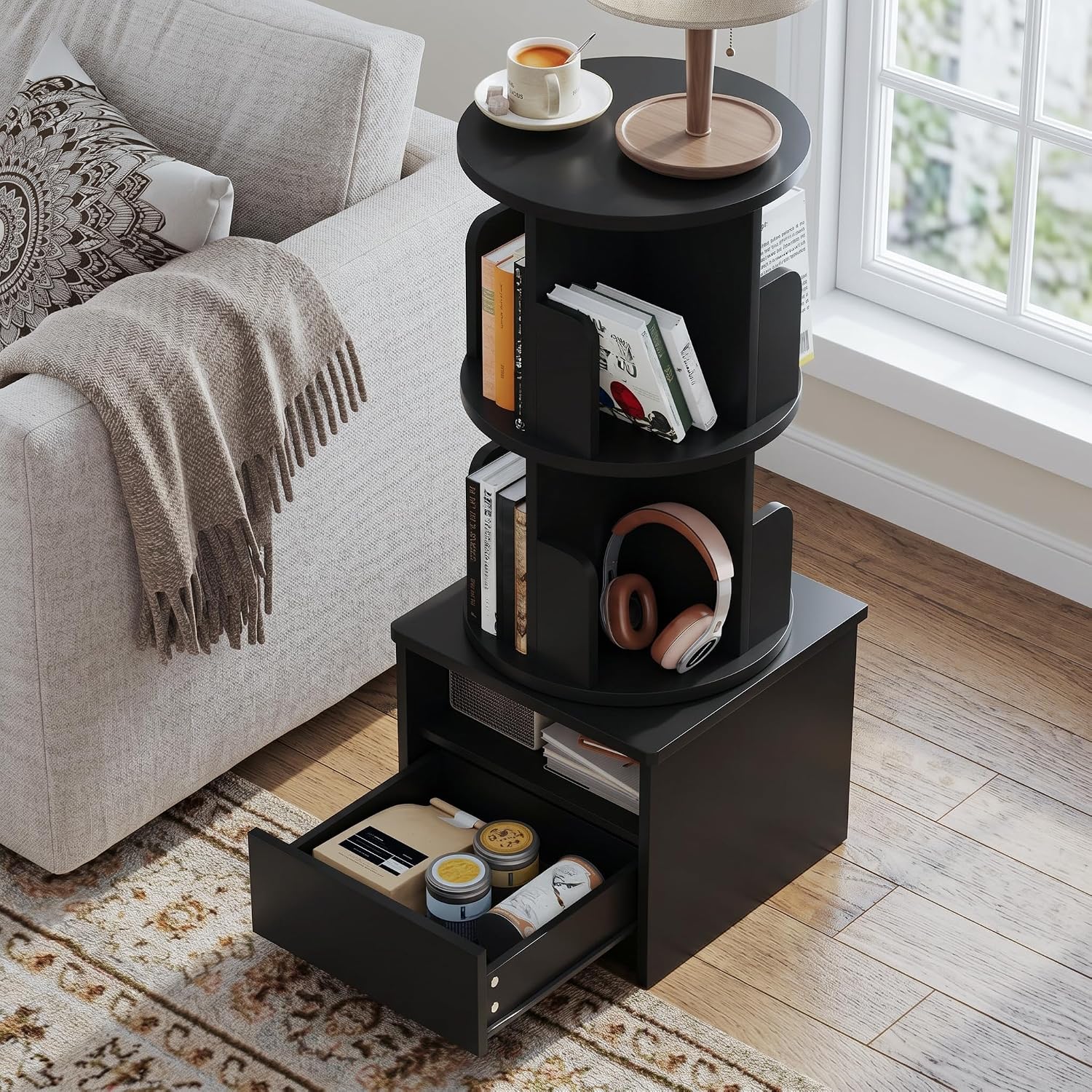 Loomie 39" Tall Nightstand with Drawer, Black Night Stand with 2 Tier Rotating Bookshelf, Bedside Table with Open Storage Shelf, End Side Table for Bedroom