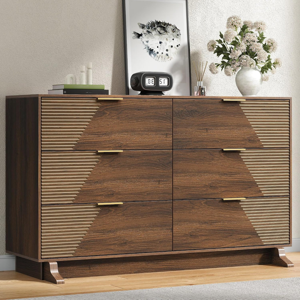 Gyfimoie Dresser for Bedroom, Mid-Century Modern Walnut Chest of 6 Drawers with Asymmetrical Fluted Front, Sturdy Wood Storage Organizer with Anti-Sag Drawer Support & Metal Handles, 47" Wide (Walnut)