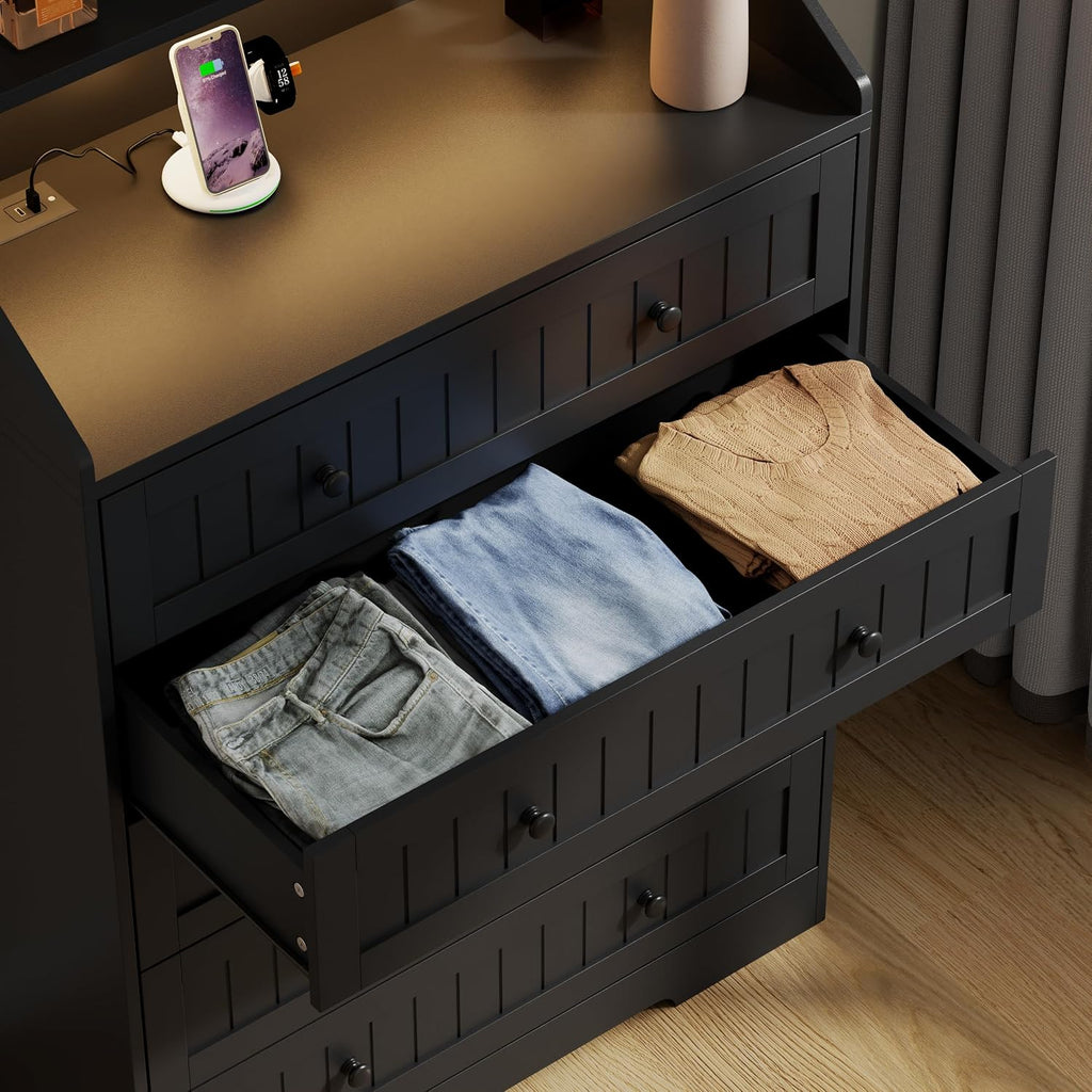 Black 5 Drawer Dresser for Bedroom, Chest of Drawers with Outlet & LED