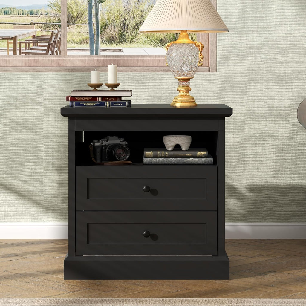 Gyfimoie Nightstand with Hidden Storage Space, Night Stand, End Table with Side Drawer, Bedside Table with Open Shelf, 2 Drawers Dresser for Bedroom, Living Room, Closet (Black)