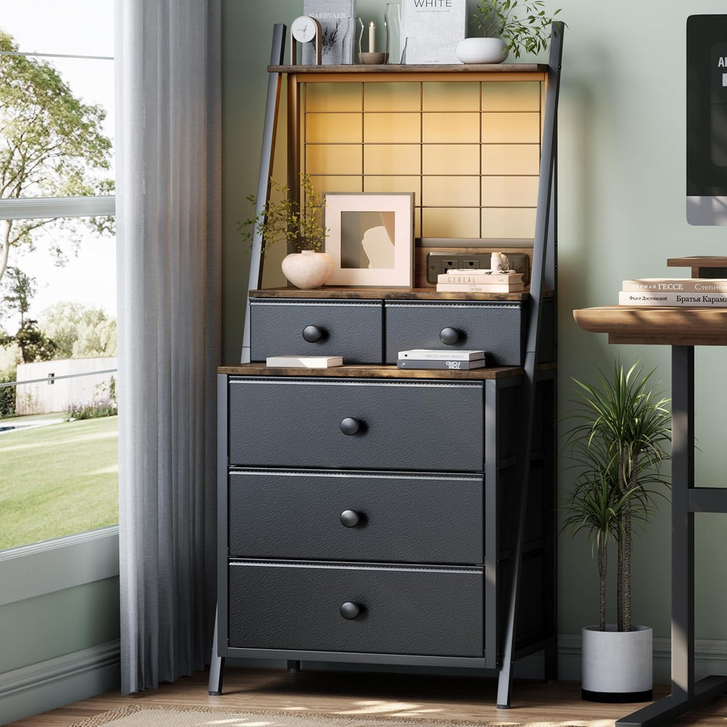 Gyfimoie Tall Night Stand with Charging Station, Black Nightstand with 5 Drawers LED Night Stand with 3-Tier Storage Shelf for Bedroom Living Room & Dorm (1, Black)