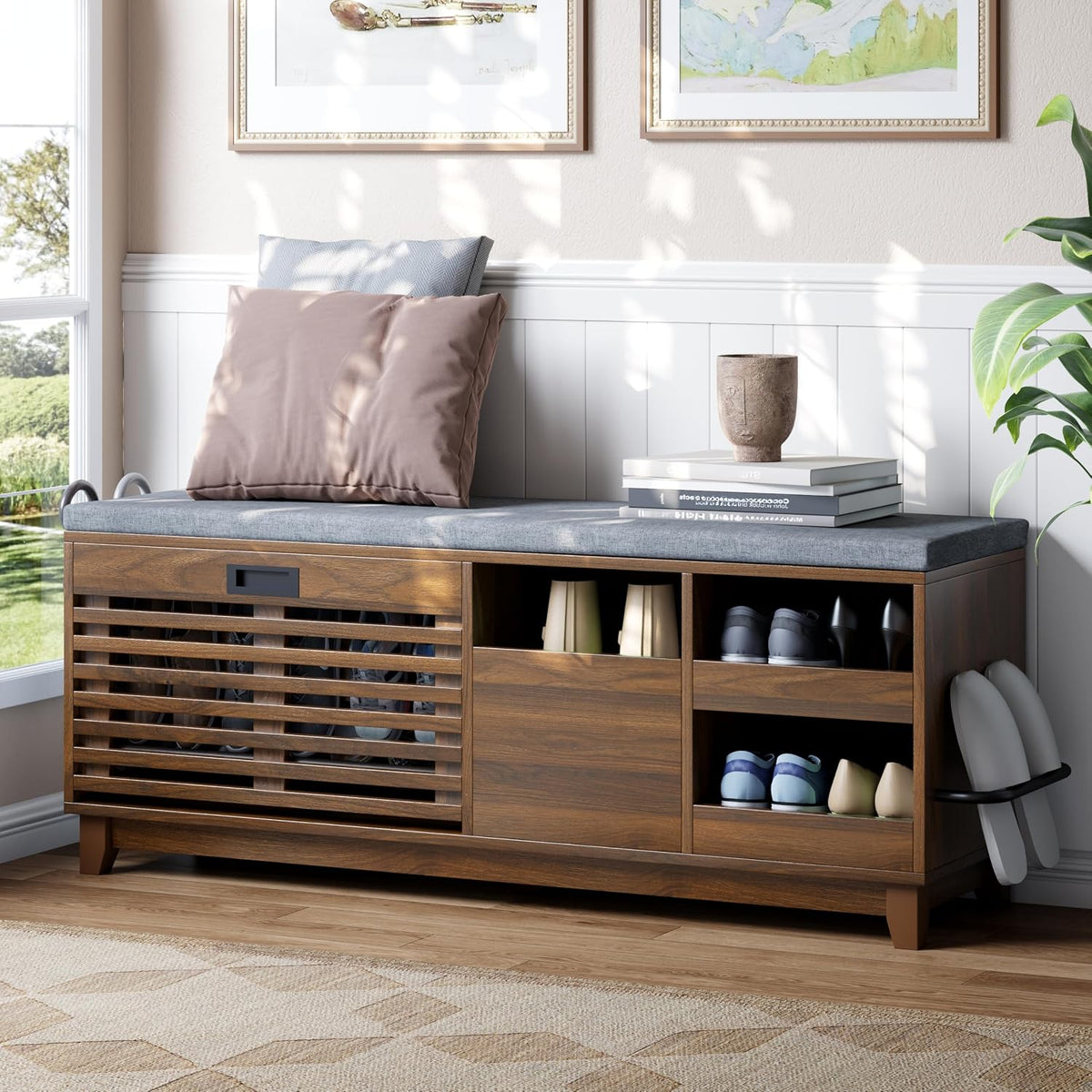 Loomie 47.2" Shoe Storage Bench with Flip Drawer, 2-Tier Entryway Bench