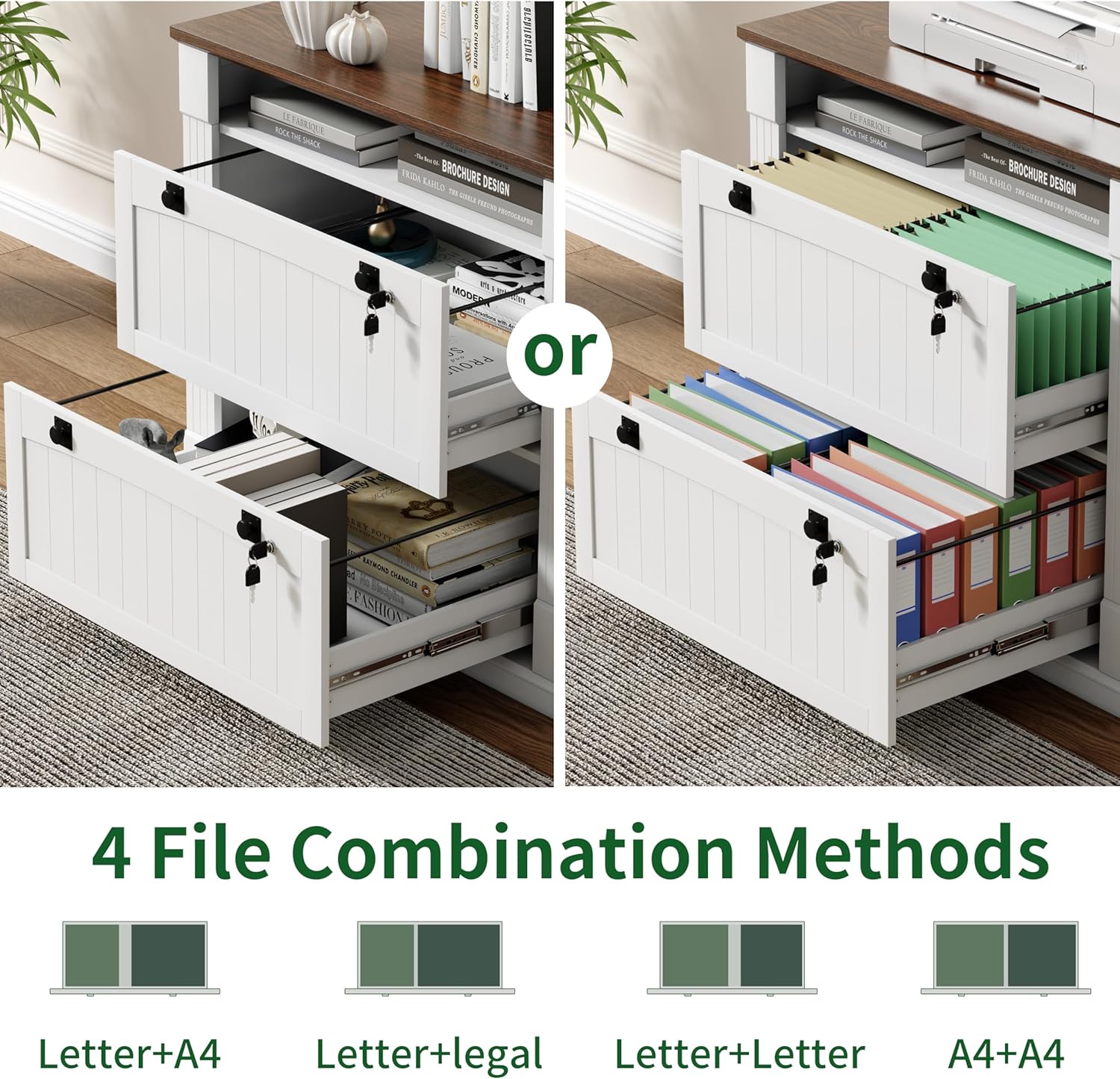 Loomie White 2 Drawer File Cabinet with Lock & Charging Station,37'' Farmhouse Lateral Filing Cabinet with Open Storage Shelves for Home Office,Wood Printer Stand for Files/Letter/Legal/A4/F4 Size