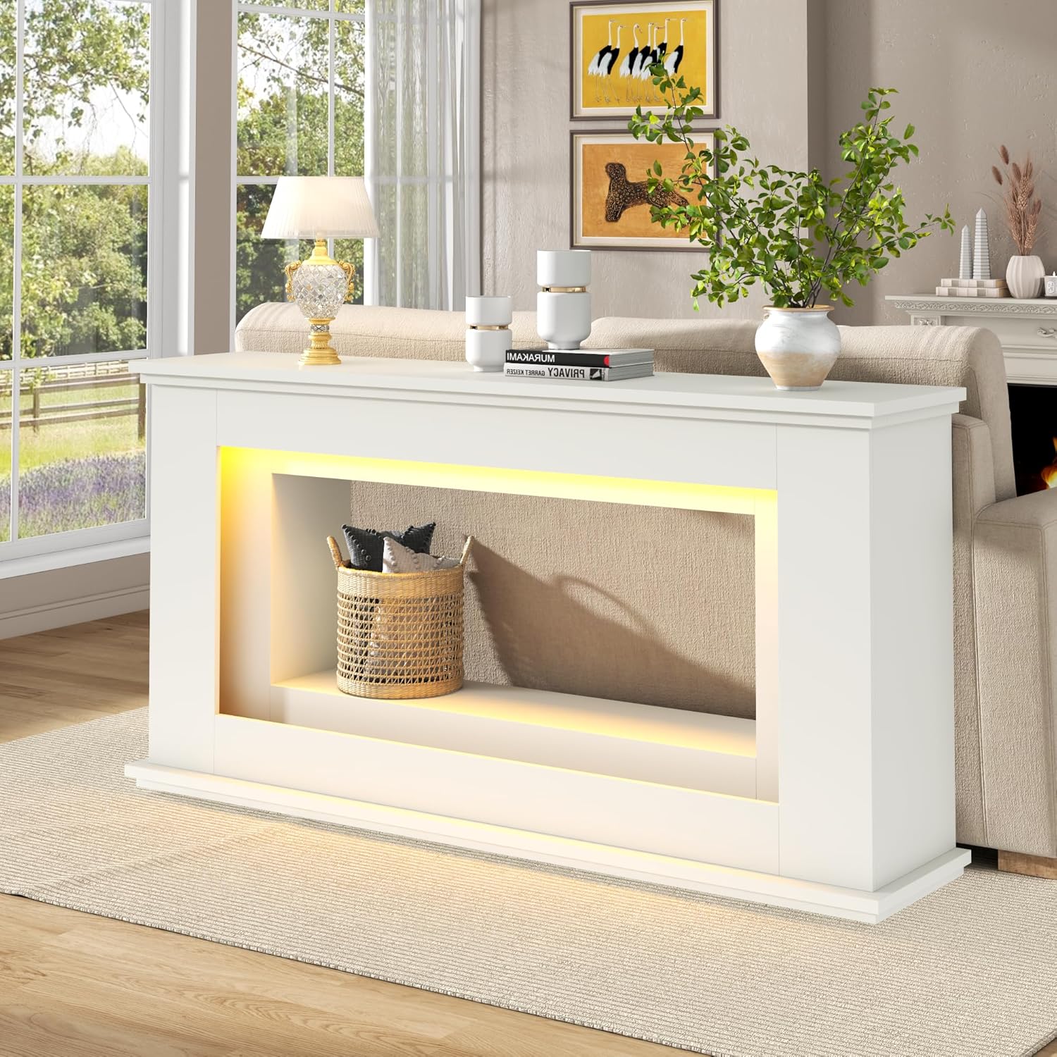 Loomie 63” Long Console Tables for Entryway, Narrow Long Entry Table with LED Lights, 2-Tier Sofa Table Behind Couch, Modern Hallway Accent Table for Living Room, Entrance (White)