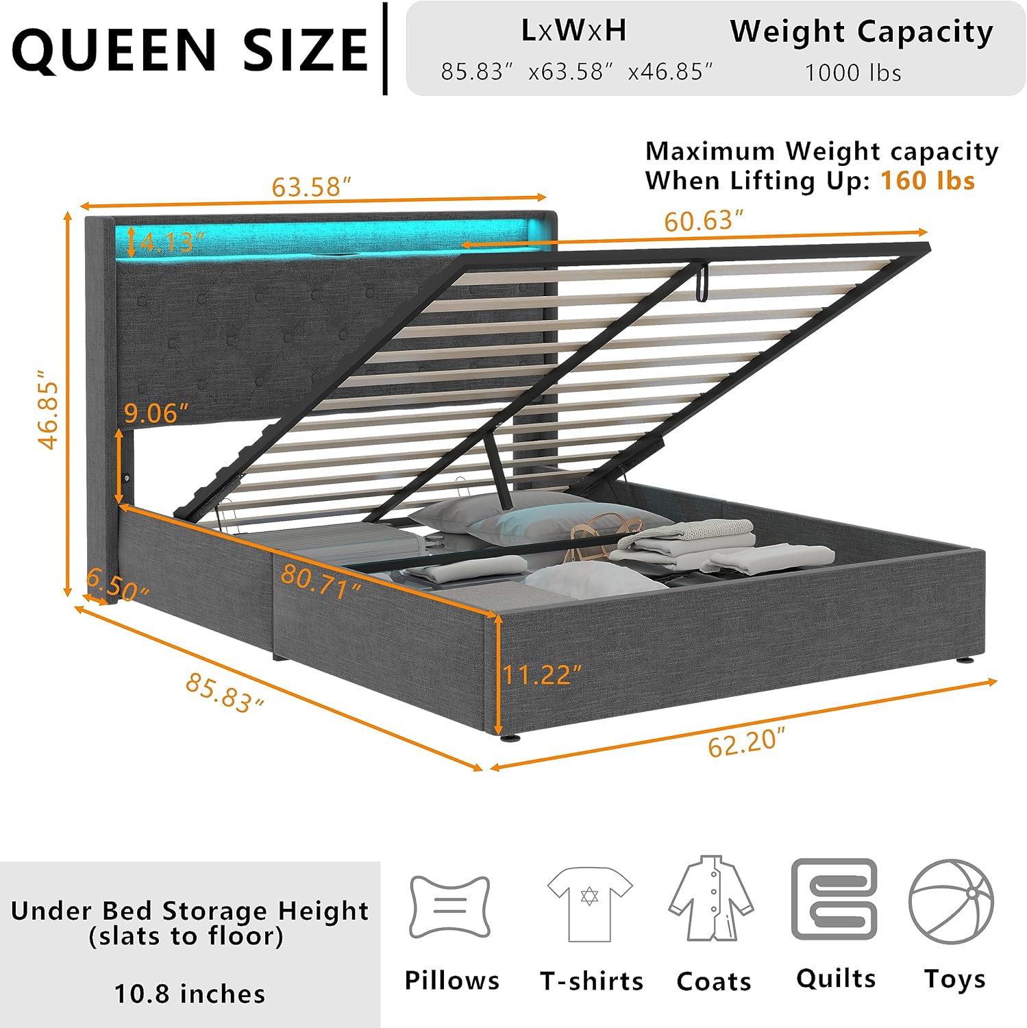 Loomie Queen Lift Up Bed Frame with Charging Station & LED Lights, Upholstered Bed with Button Tufted Wingback Storage Headboard, Hydraulic Storage, No Box Spring Needed, Wood Slats Support,Dark Grey
