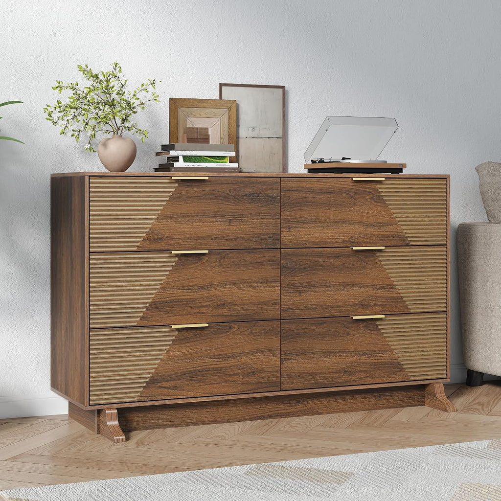 Gyfimoie Dresser for Bedroom, Mid-Century Modern Walnut Chest of 6 Drawers with Asymmetrical Fluted Front, Sturdy Wood Storage Organizer with Anti-Sag Drawer Support & Metal Handles, 47" Wide (Walnut)